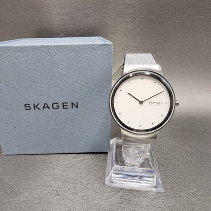 Skagen Freja Watch Women 34mm White Dial Steel Round Mesh Band SKW2823 NWT0