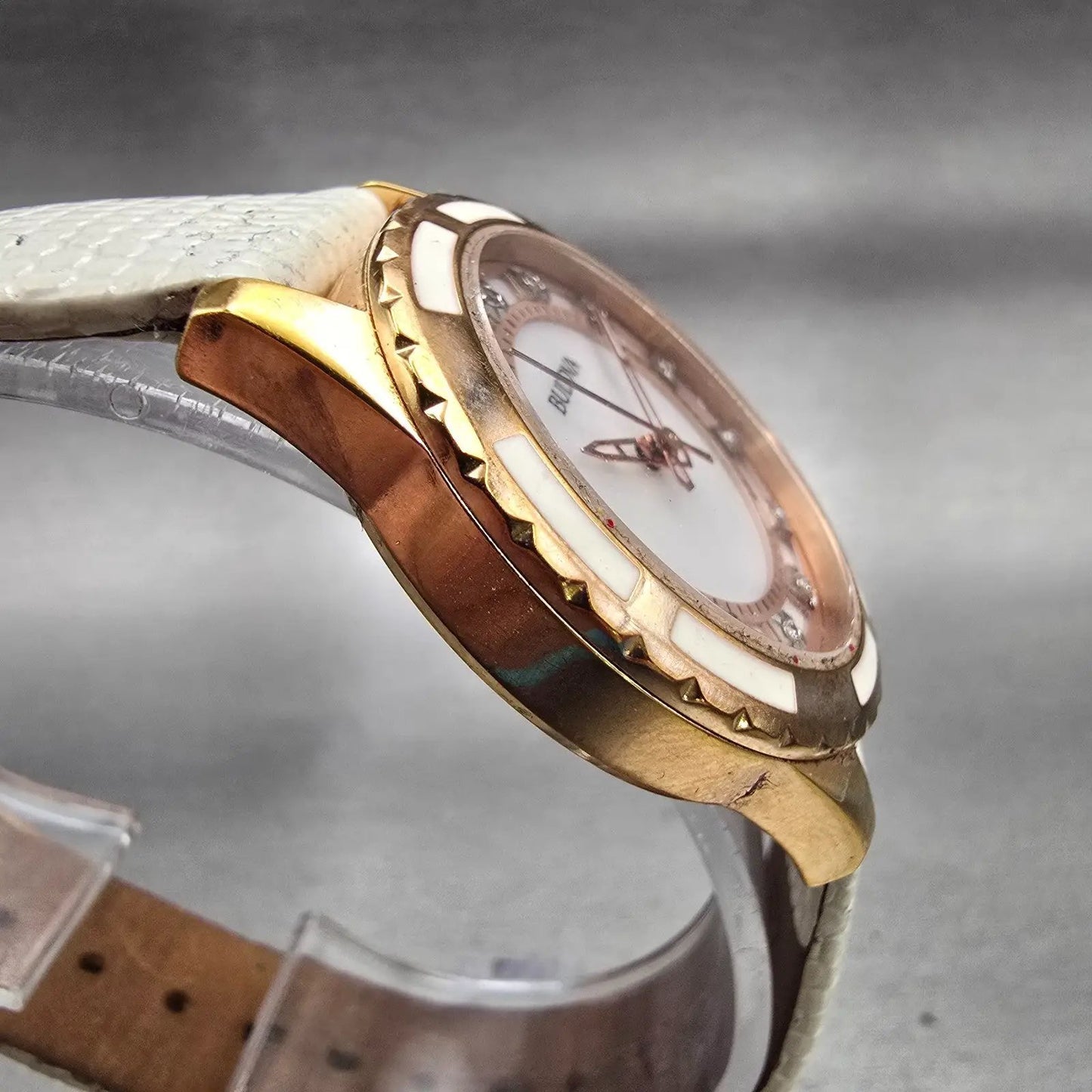 Bulova Watch Women 32mm MOP Dial Rose Gold Tone Diamond Round 98P119 New Battery3