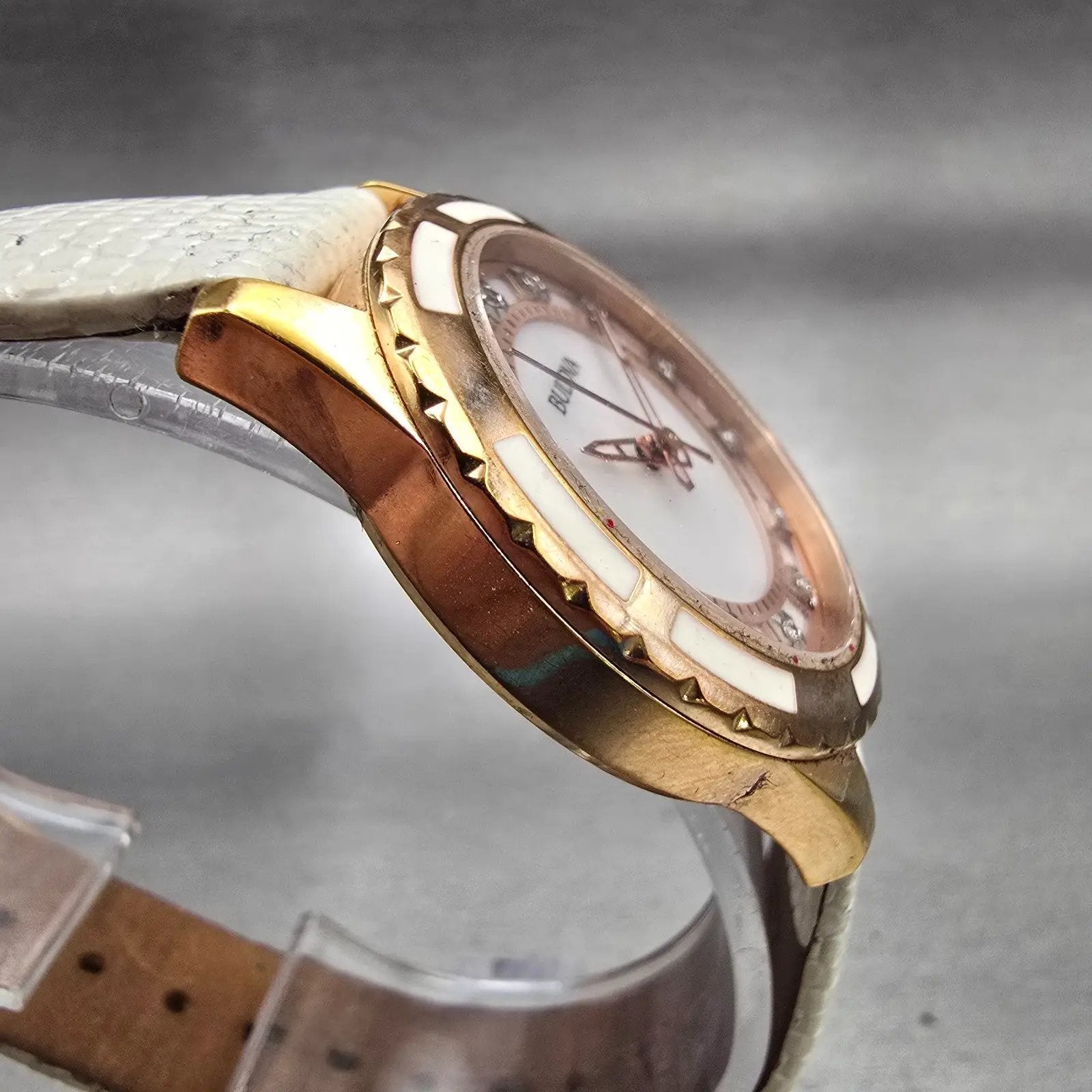 Bulova Watch Women 32mm MOP Dial Rose Gold Tone Diamond Round 98P119 New Battery3
