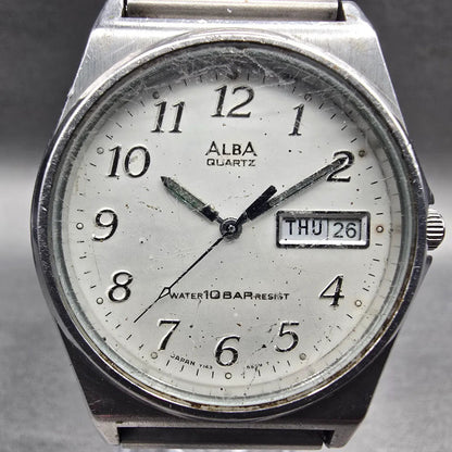 Seiko Alba Watch Men 34mm Silver Dial Silver Tone Daydate Y143-8280 New Battery1