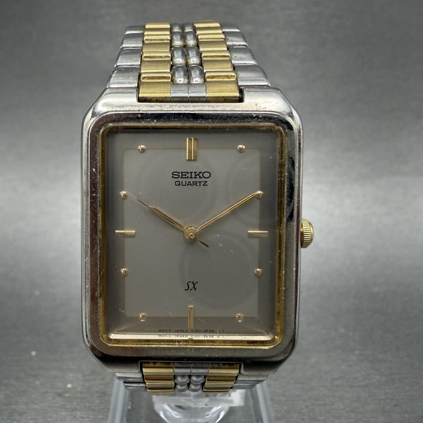 Seiko SX Tank Watch Men 27mm Silver Dial Two Tone Rectangle V7015K90 New Batt0