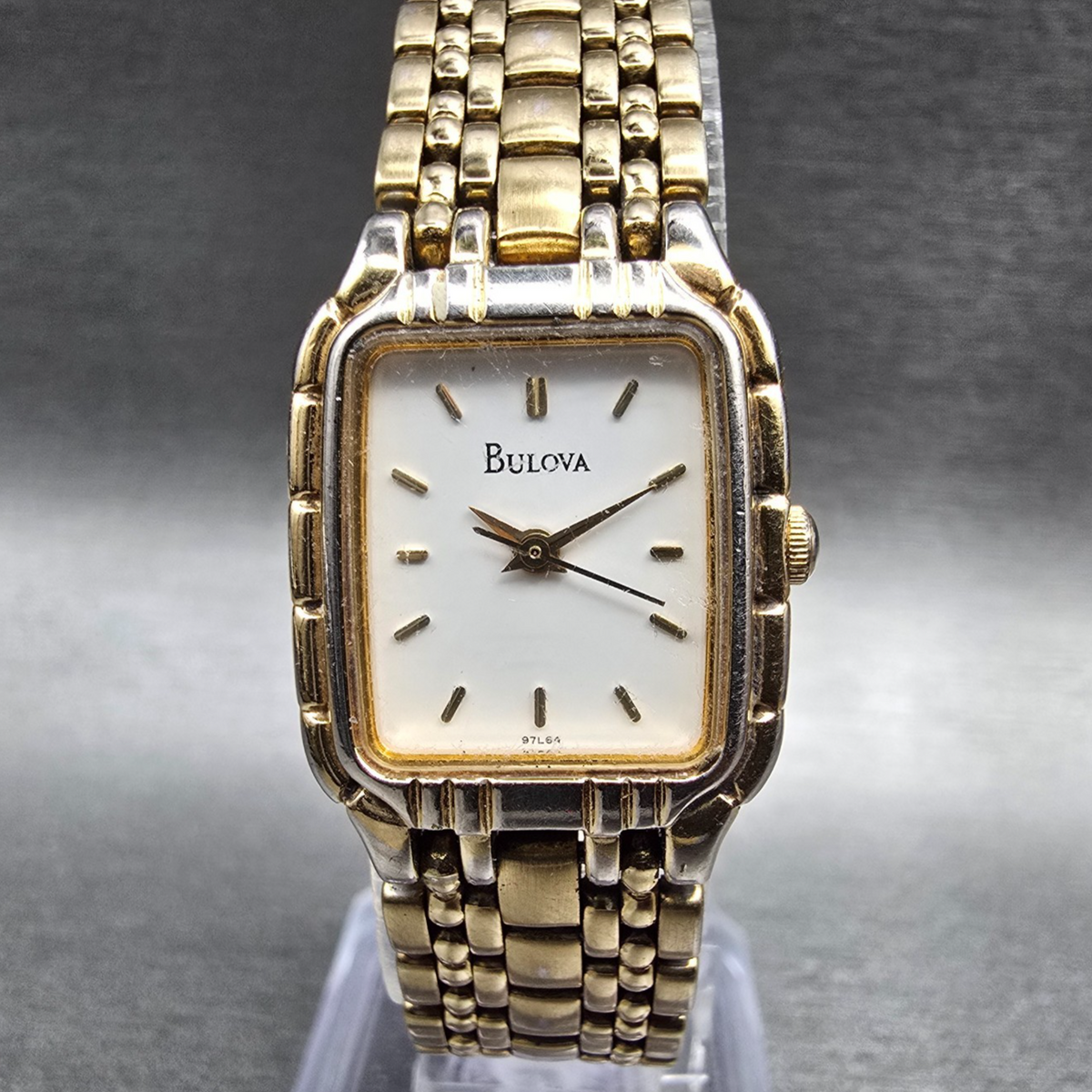 Bulova Tank Watch Women 19mm White Dial Gold Tone Rectangle 97L64 New Battery0
