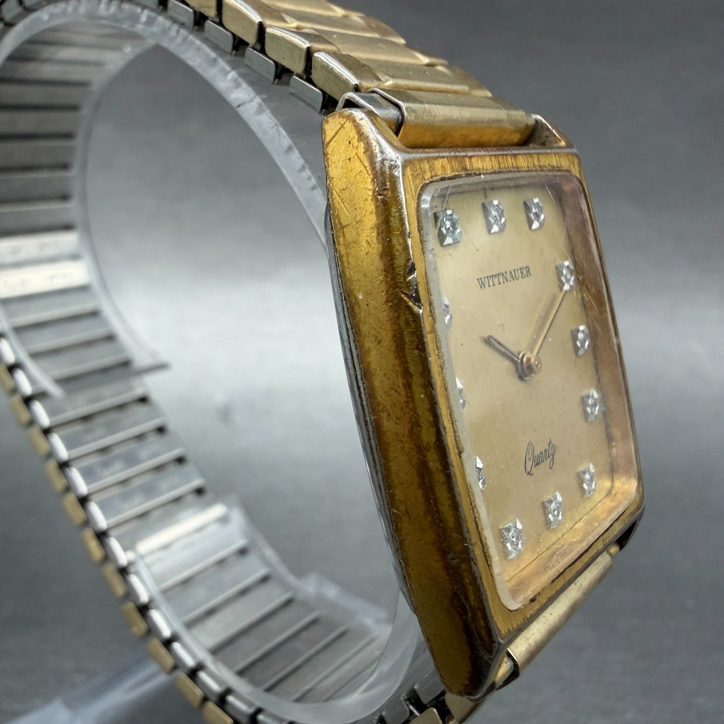 Wittnauer Tank Watch Men 27mm Gold Dial Gold Tone Rectangle Diamond Marker PARTS4