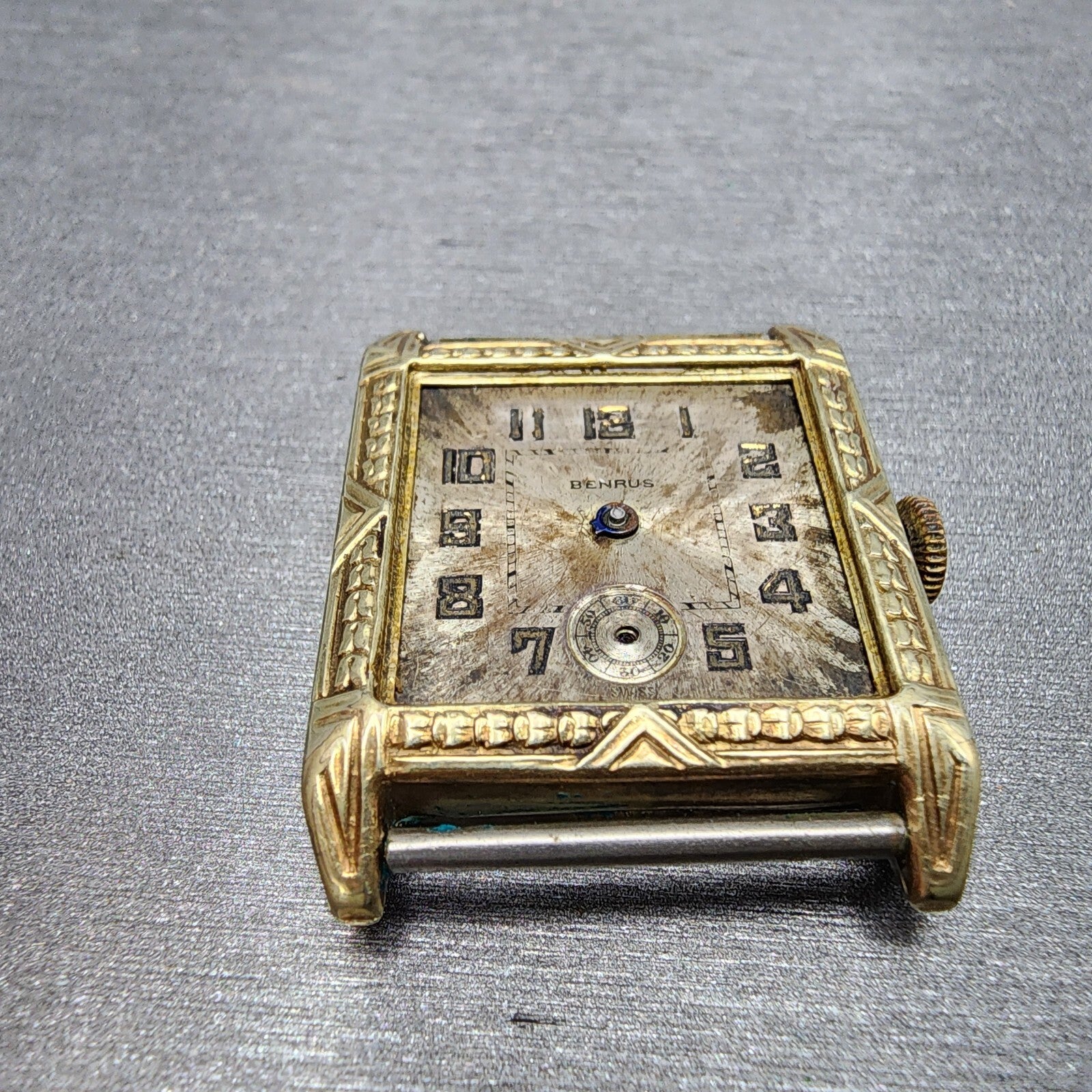 Benrus Tank Watch Men 28mm Silver Dial Gold Tone Rectangle 15 Jewels PARTS3