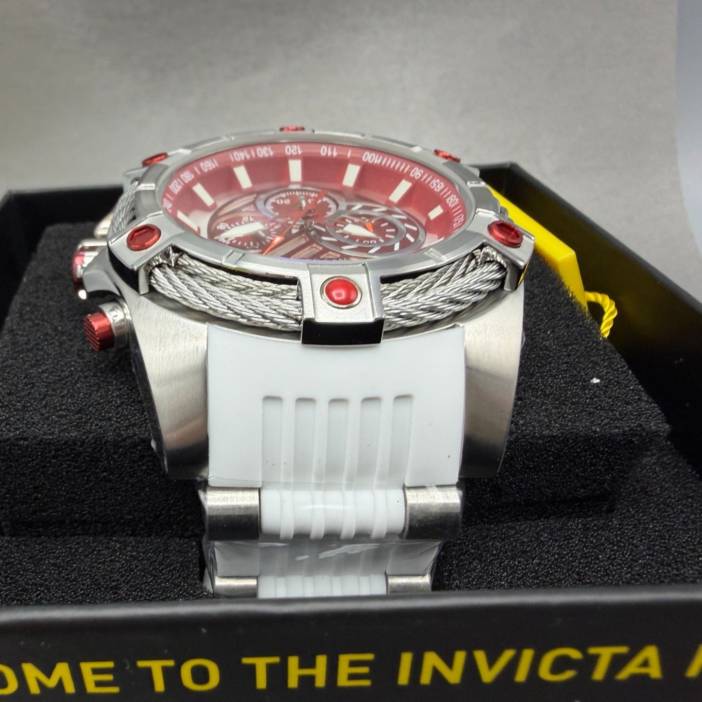 Invicta Bolt Chronograph Watch Men 53mm Red Dial Steel Round 46382 Rubber Band4