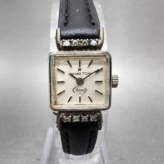 Hamilton Watch Women 15mm White Dial 10K Gold Filled Diamond Bezel New Battery0