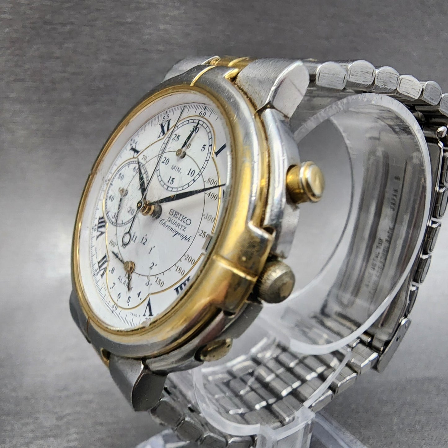 Seiko Chronograph Watch Men 36mm White Dial Two Tone Date Alarm 7T327A09 PARTS3