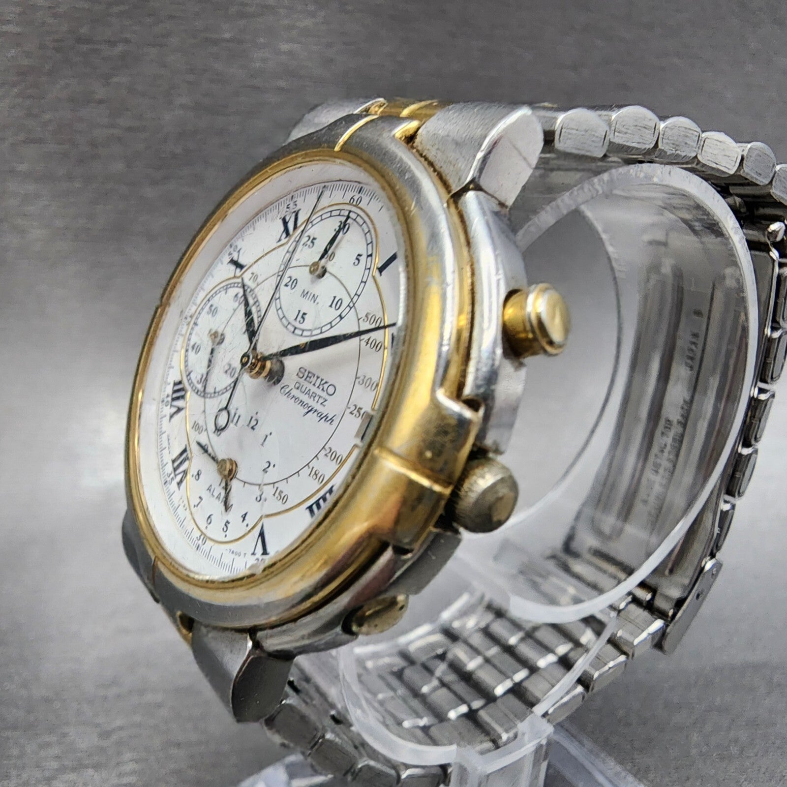 Seiko Chronograph Watch Men 36mm White Dial Two Tone Date Alarm 7T327A09 PARTS3