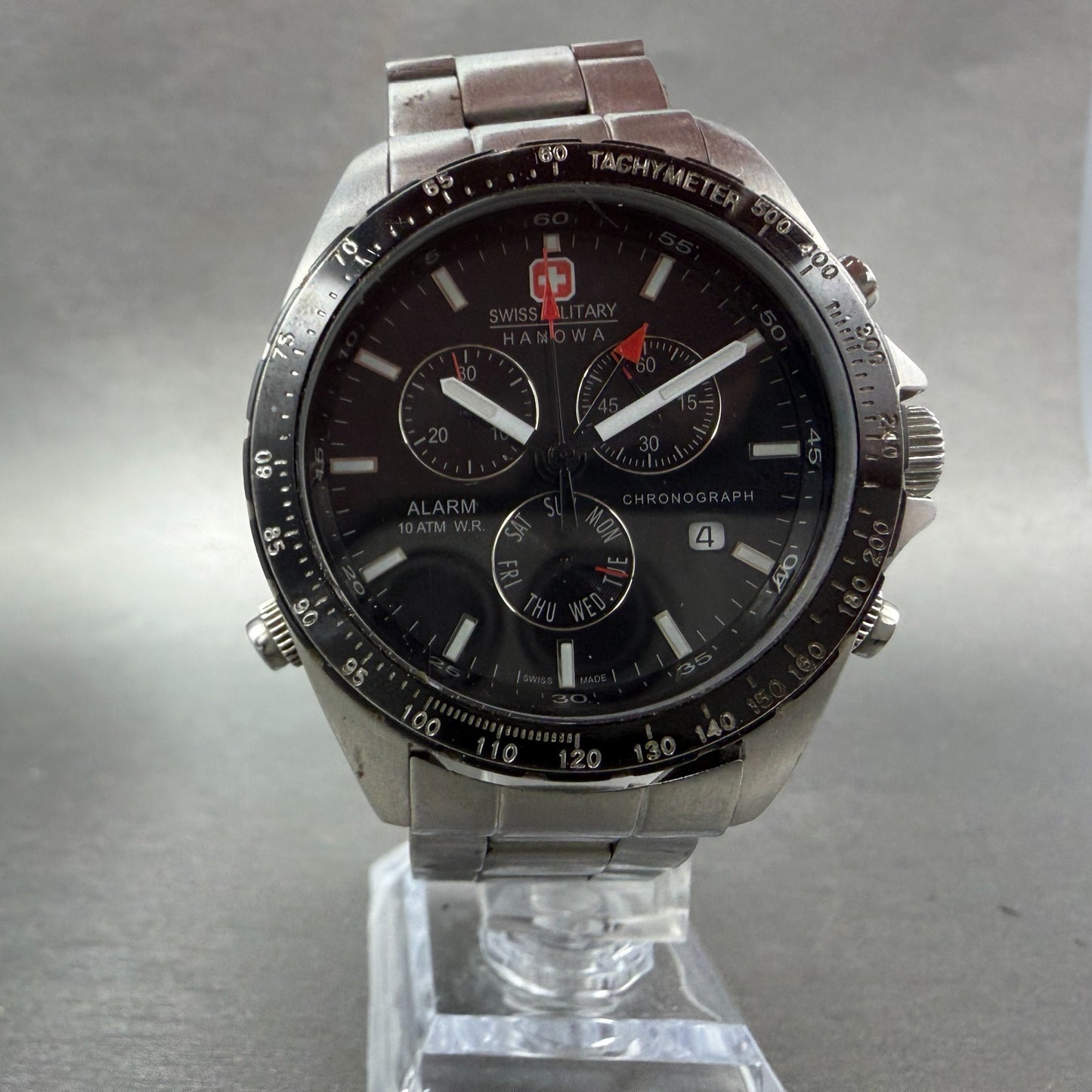 Swiss Military Chronograph Watch Men 40mm Black Dial Silver Alarm Daydate NewBat5