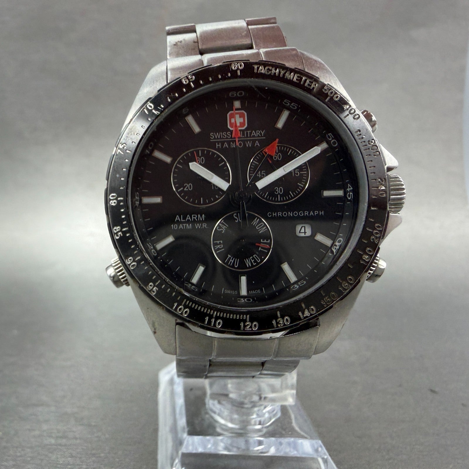 Swiss Military Chronograph Watch Men 40mm Black Dial Silver Alarm Daydate NewBat5