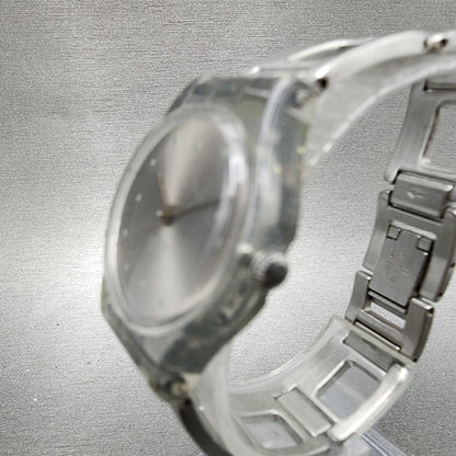 Swatch Watch Women 25mm Silver Dial Clear Case Round New Battery VTG2