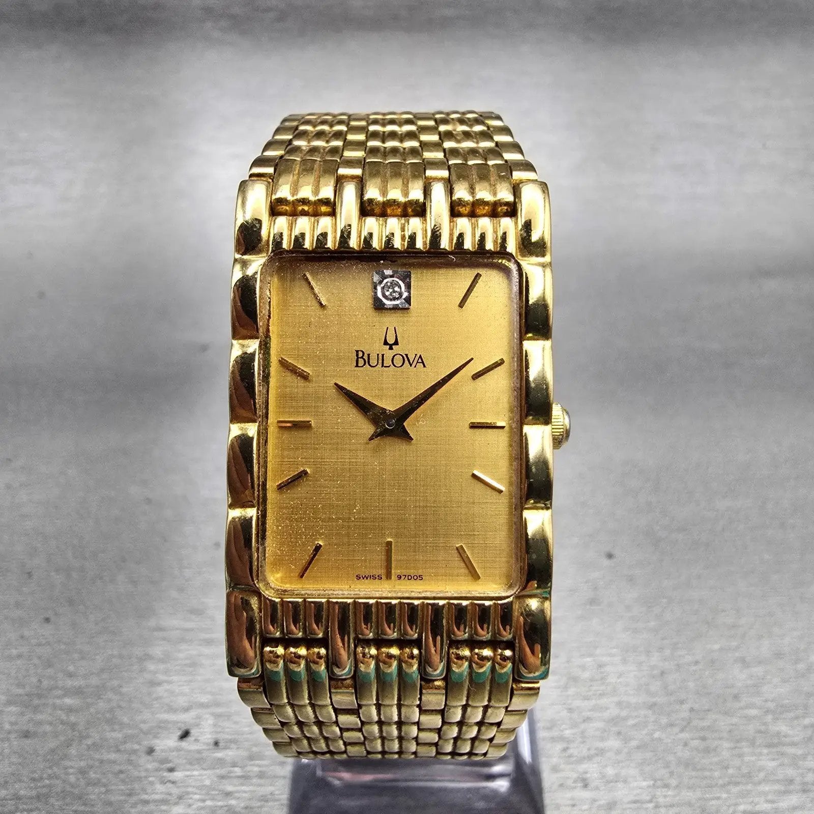 Bulova Watch Men 23mm Gold Dial Gold Tone Diamond Rectangle 97D05 New Battery0