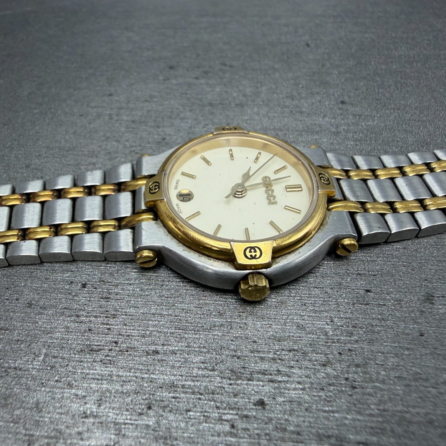 Gucci 9000L Watch Women 25mm Cream Dial Two Tone Date Round NO CASEBACK PARTS4