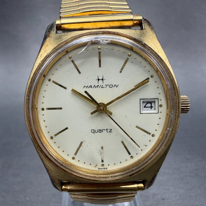 Hamilton Watch Men 34mm Cream Dial Gold Tone Date Round NO CASEBACK New Battery0