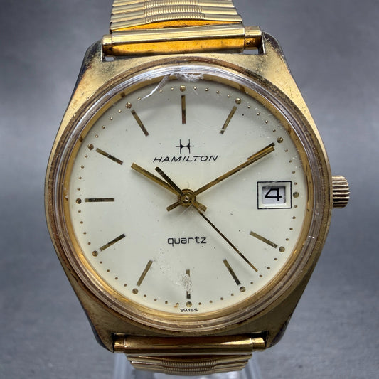 Hamilton Watch Men 34mm Cream Dial Gold Tone Date Round NO CASEBACK New Battery0