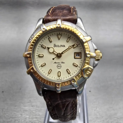 Bulova Marine Star Watch Women 26mm Cream Dial Two Tone Date Round 98M63 NewBatt0