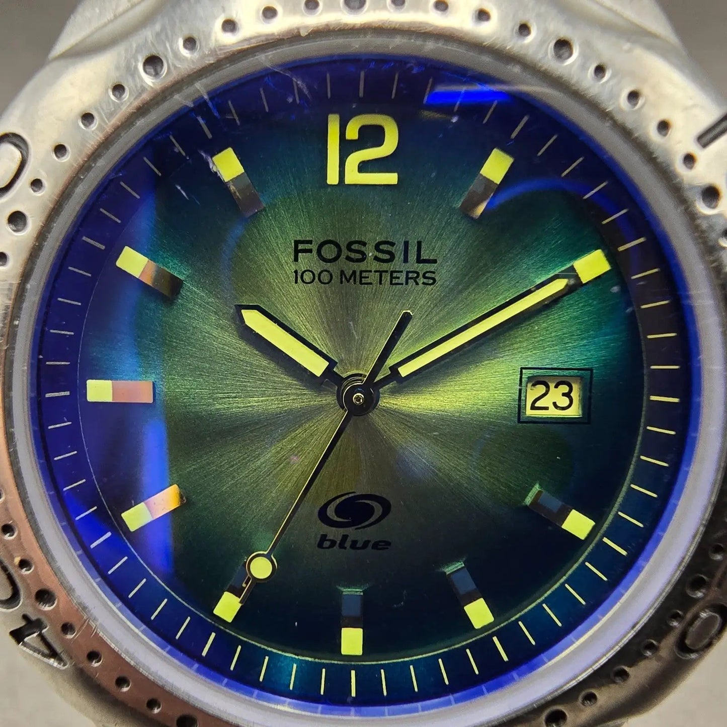 Fossil Blue Dive Watch Men 40mm Green Dial Silver Tone Date AM-3520 New Battery1