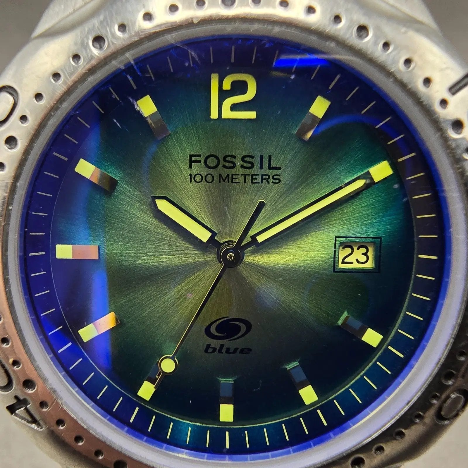 Fossil Blue Dive Watch Men 40mm Green Dial Silver Tone Date AM-3520 New Battery1