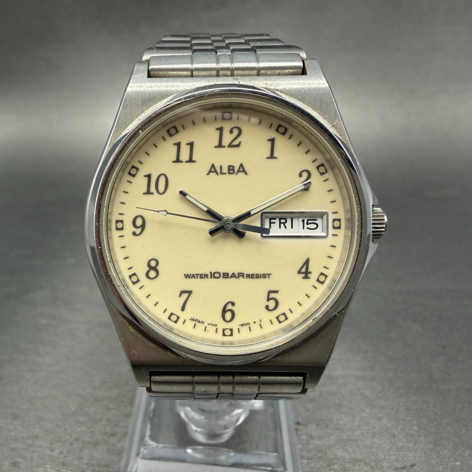 Seiko Alba Watch Men 35mm Luminous Dial Silver Tone Daydate V743-8B10 NewBattery0