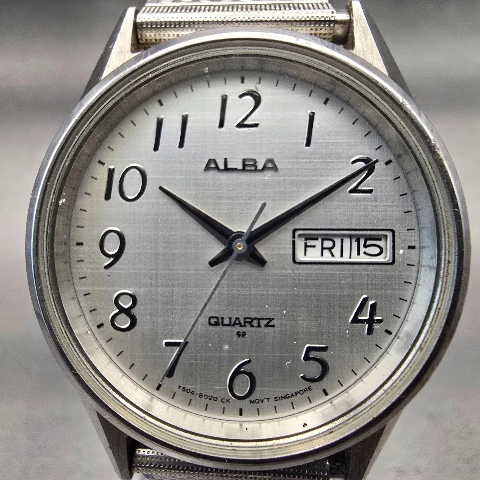 Seiko Alba Watch Men 35mm Silver Dial Silver Tone Daydate Y504-8010 New Battery1