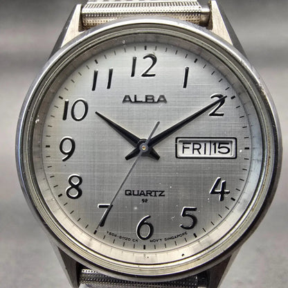 Seiko Alba Watch Men 35mm Silver Dial Silver Tone Daydate Y504-8010 New Battery1