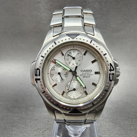 Casio MTD1046 Watch Men 38mm Silver Dial Steel Daydate Round READ!!!!! New Batt0