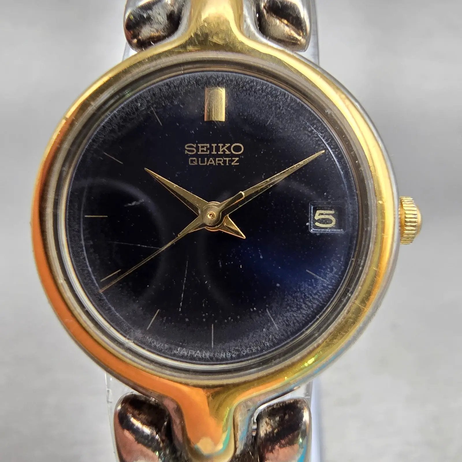 Seiko Watch Women 22mm Blue Dial Two Tone Date Round 7N82-0248 New Battery VTG1
