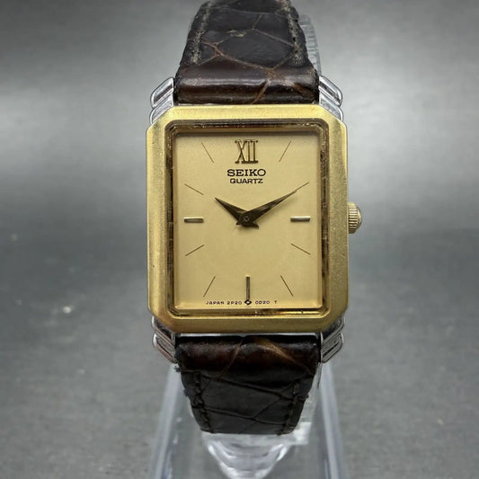 Seiko Tank Watch Women 19mm Champagne Dial Two Tone VTG 2P20-5B90 New Battery0