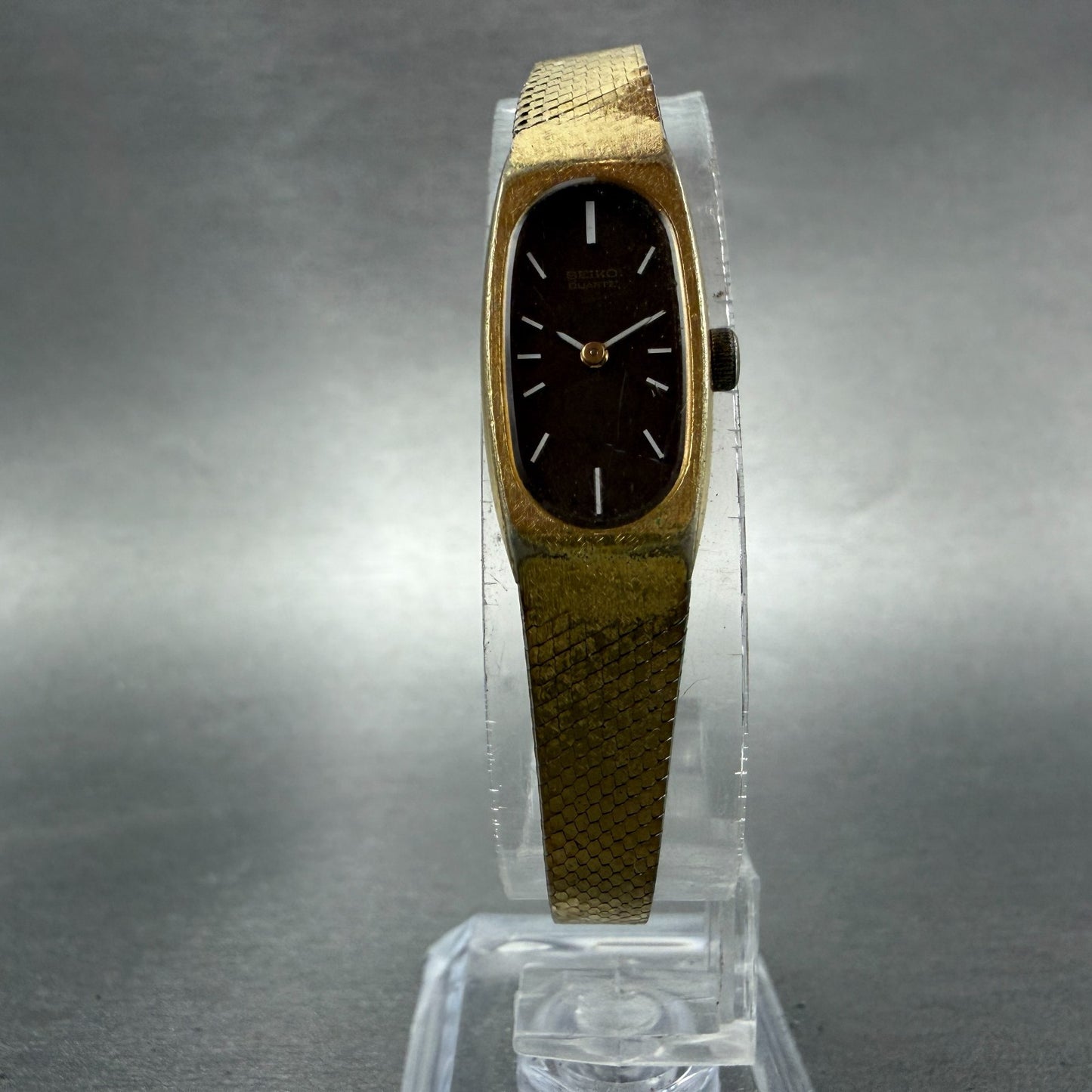 Seiko Tank Watch Women 13mm Brown Dial Gold Tone Oval 1320-5009 New Battery ABC5