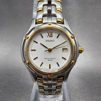 Seiko Watch Women 26mm White Dial Two Tone Date Round 7n820599 New Battery B4560