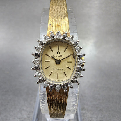 Elgin Watch Women 15mm Champagne Dial Gold Tone Oval Diamond bezel New Battery0