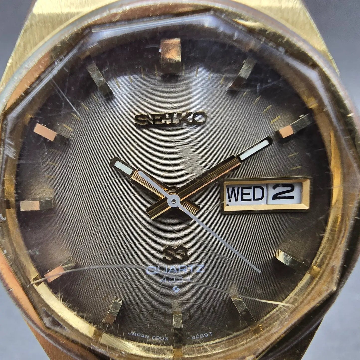 Seiko SQ Watch Men 36mm Brown Dial Gold Tone Daydate Round 0903-8079 PARTS VTG2