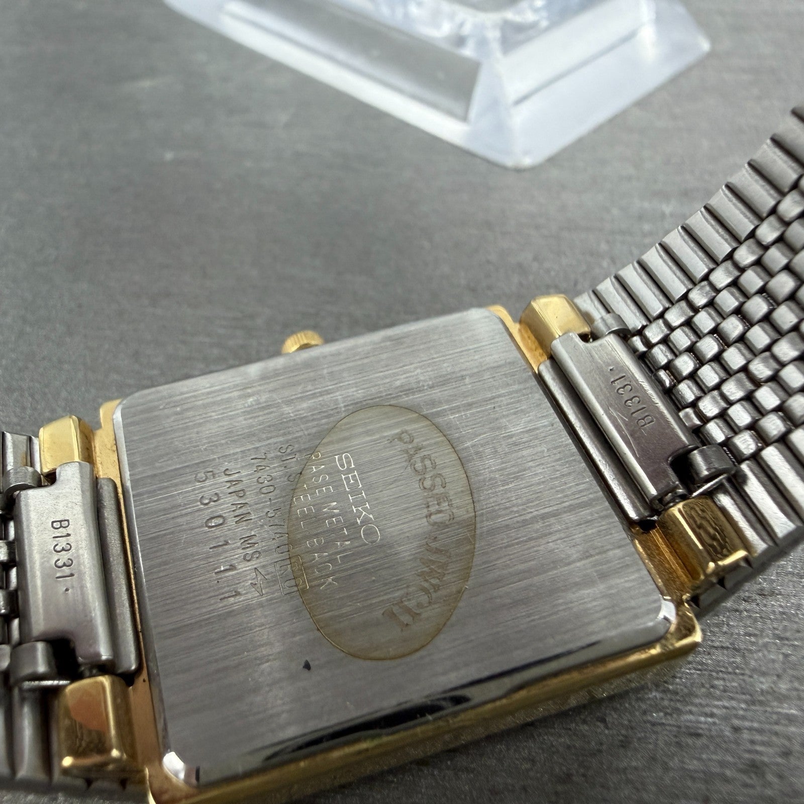 Seko Tank Watch Men 25mm Champagne Dial Two Tone Rectangle 7430-5740 New Battery9