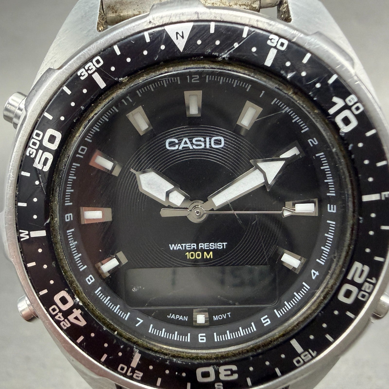 Casio Analog Digital Dive Watch Men 37mm Black Dial Silver Tone AMW-340 New Batt1