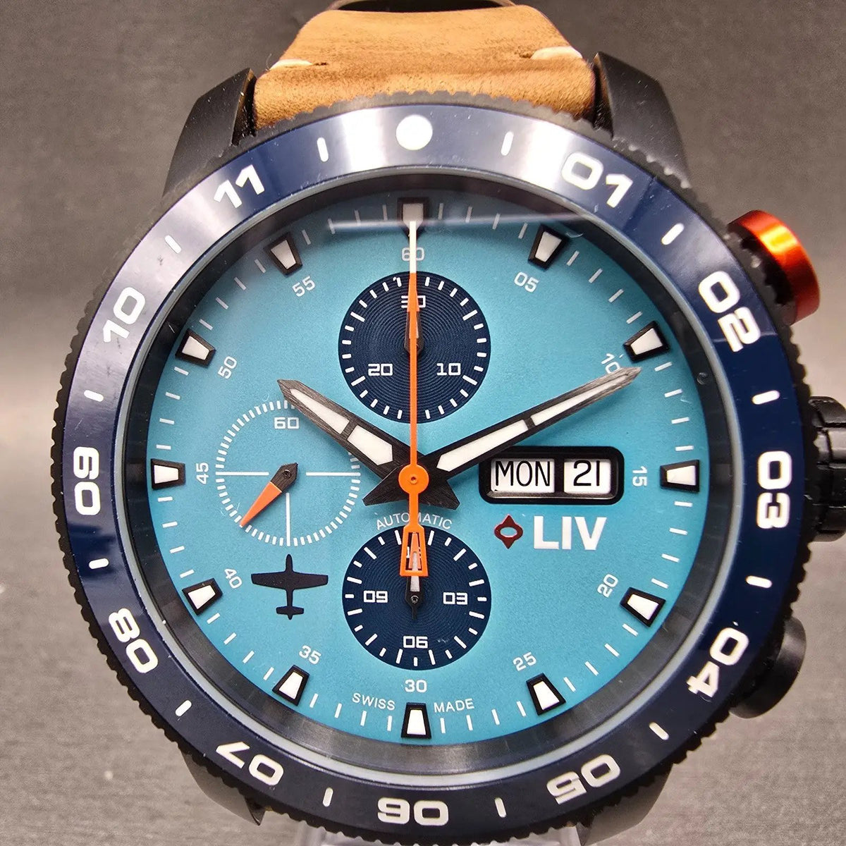 LIV P-51 Cripes A Mighty Chronograph Watch Men 46mm Blue Dial Titanium Automatic2