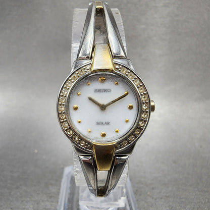 Seiko Solar Watch Women 22mm MOP Dial Two Tone Crystal Bezel Round V1140AF0 Runs0