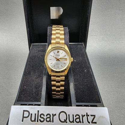Pulsar President Watch Women 24mm Gold Dial Gold Tone Daydate Round New Batt NOS0