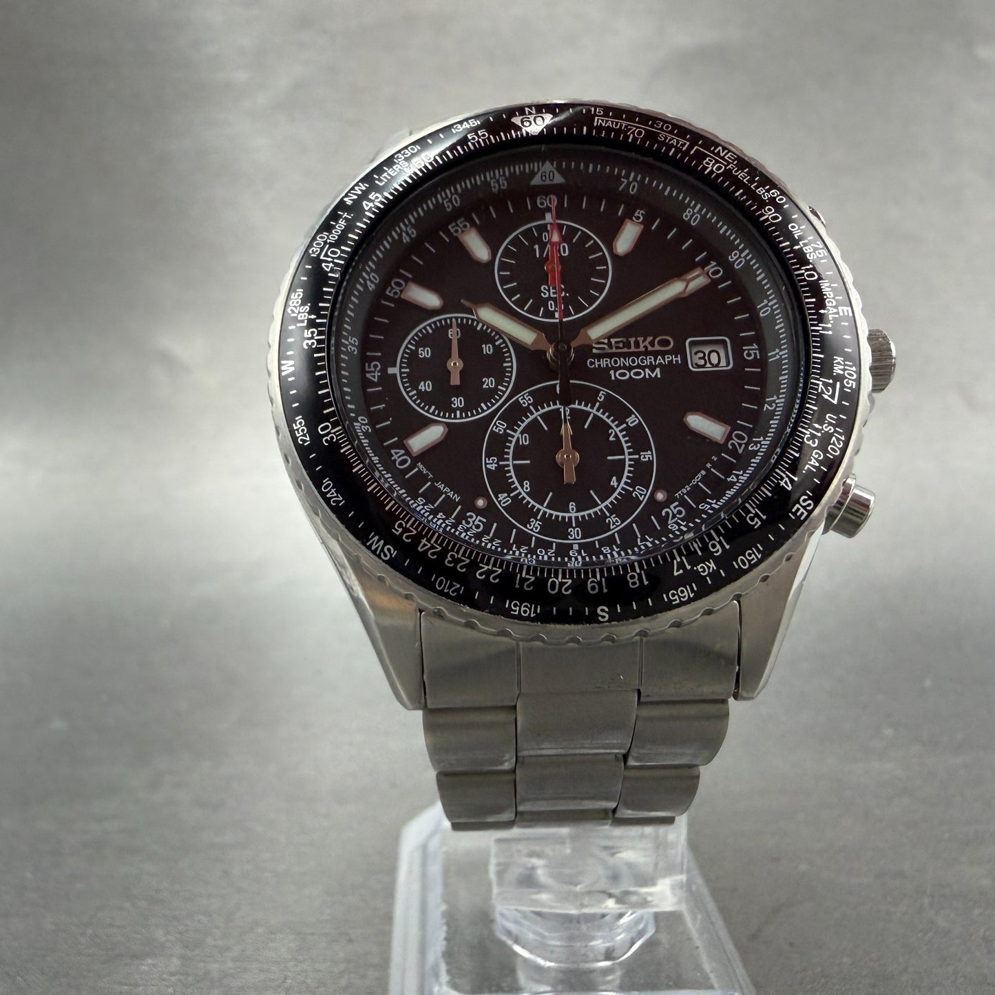 Seiko Flightmaster Chronograph Watch Men 40mm Black dial Steel Date New Battery5