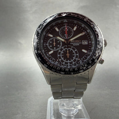 Seiko Flightmaster Chronograph Watch Men 40mm Black dial Steel Date New Battery5