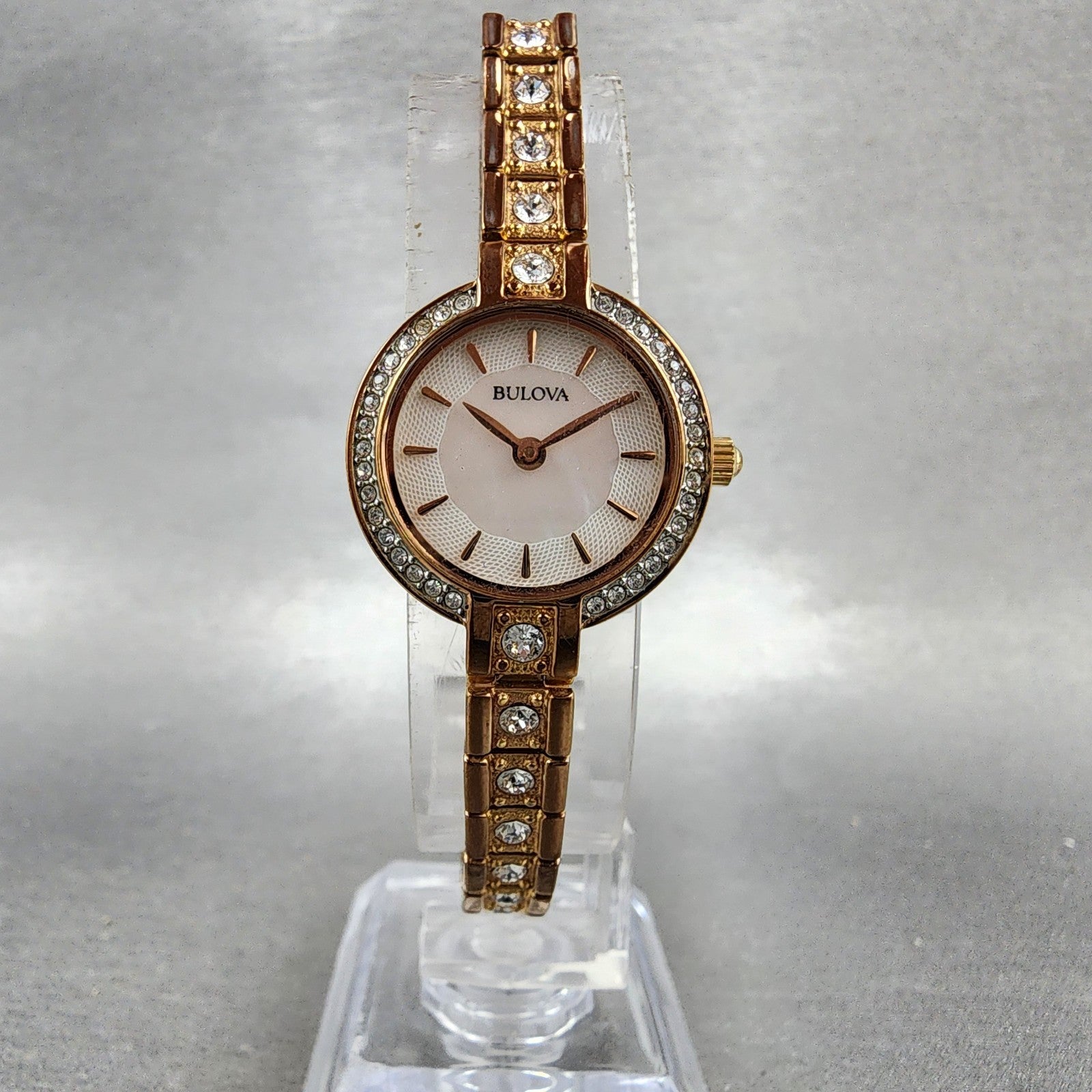 Bulova Crystal Watch Women 22mm MOP Dial Rose Gold Tone Crystal Bezel New Batt6