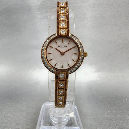 Bulova Crystal Watch Women 22mm MOP Dial Rose Gold Tone Crystal Bezel New Batt6