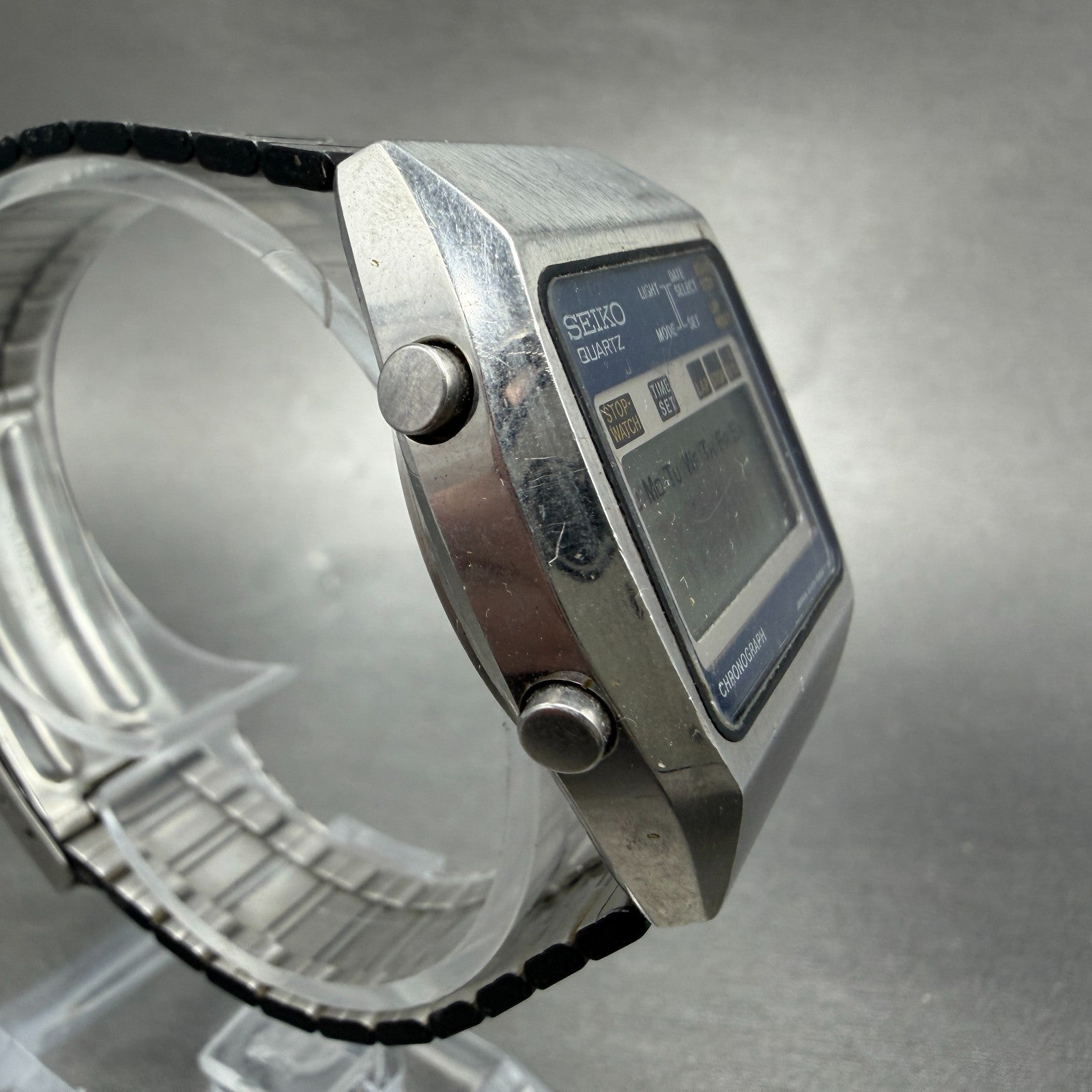 Seiko Digital Watch Men 34mm LCD Chronograph Steel Rectangle A129-5000 New batt3