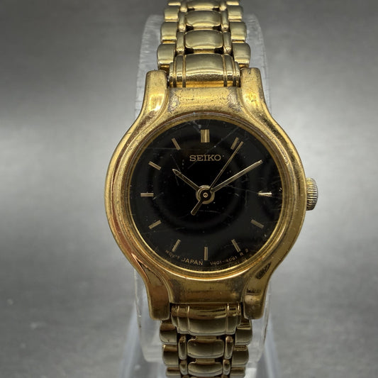 Seiko Watch Women 19mm Black Dial Gold Tone Round V401-0289 New Battery UIVCFDX0