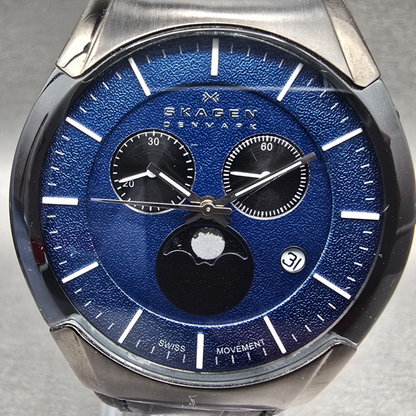 Skagen Black Label Watch Men 40mm Blue Dial Chrono Moonphase 901XLMLN New Batt1