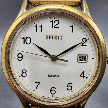 Seiko Spirit Watch Men 33mm White Dial Gold Tone Date Round 5E32-6A3A New Batt