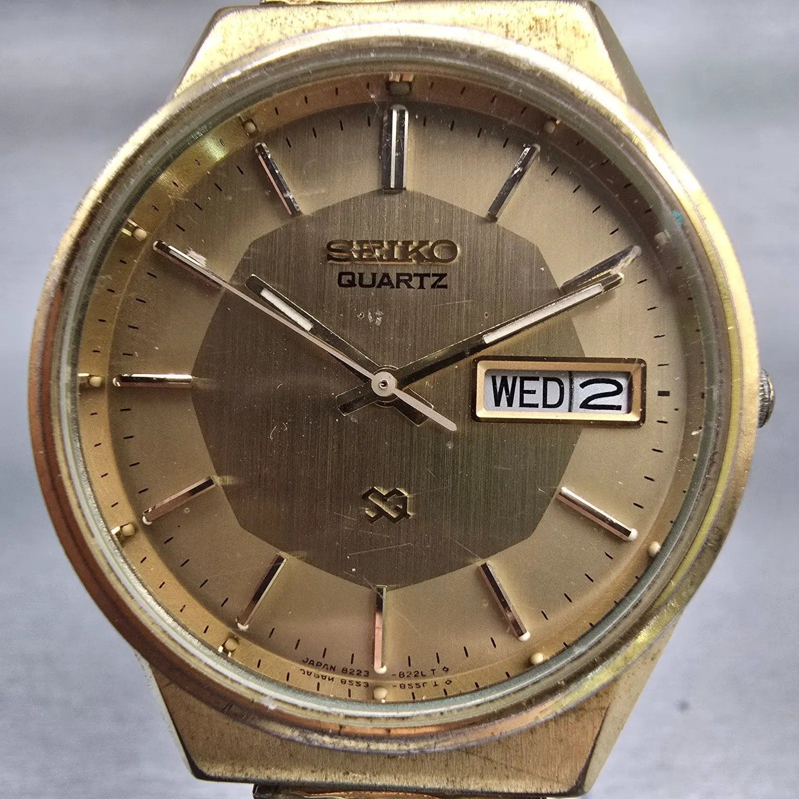 Seiko SQ Watch Men 34mm Gold Dial Gold Tone Daydate Round 8223-8009 New Battery1