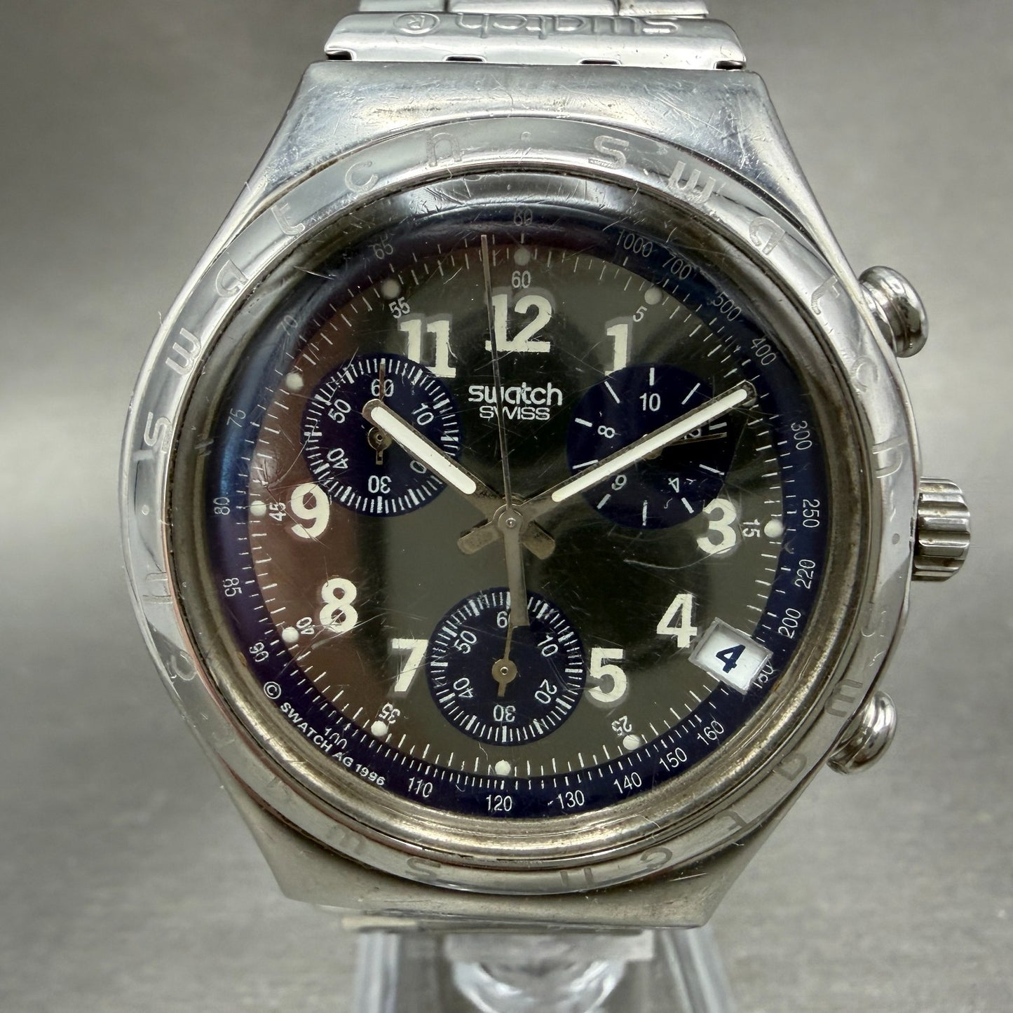 Swatch irony Chrono Secret Agent Watch Men 40mm Blue Dial Steel Date New Batt0