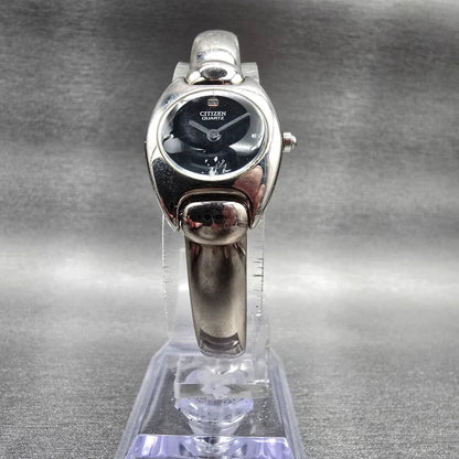Citizen Watch Women 20mm Black Dial Silver Oval Bangle 5421-S76434 New Battery L5