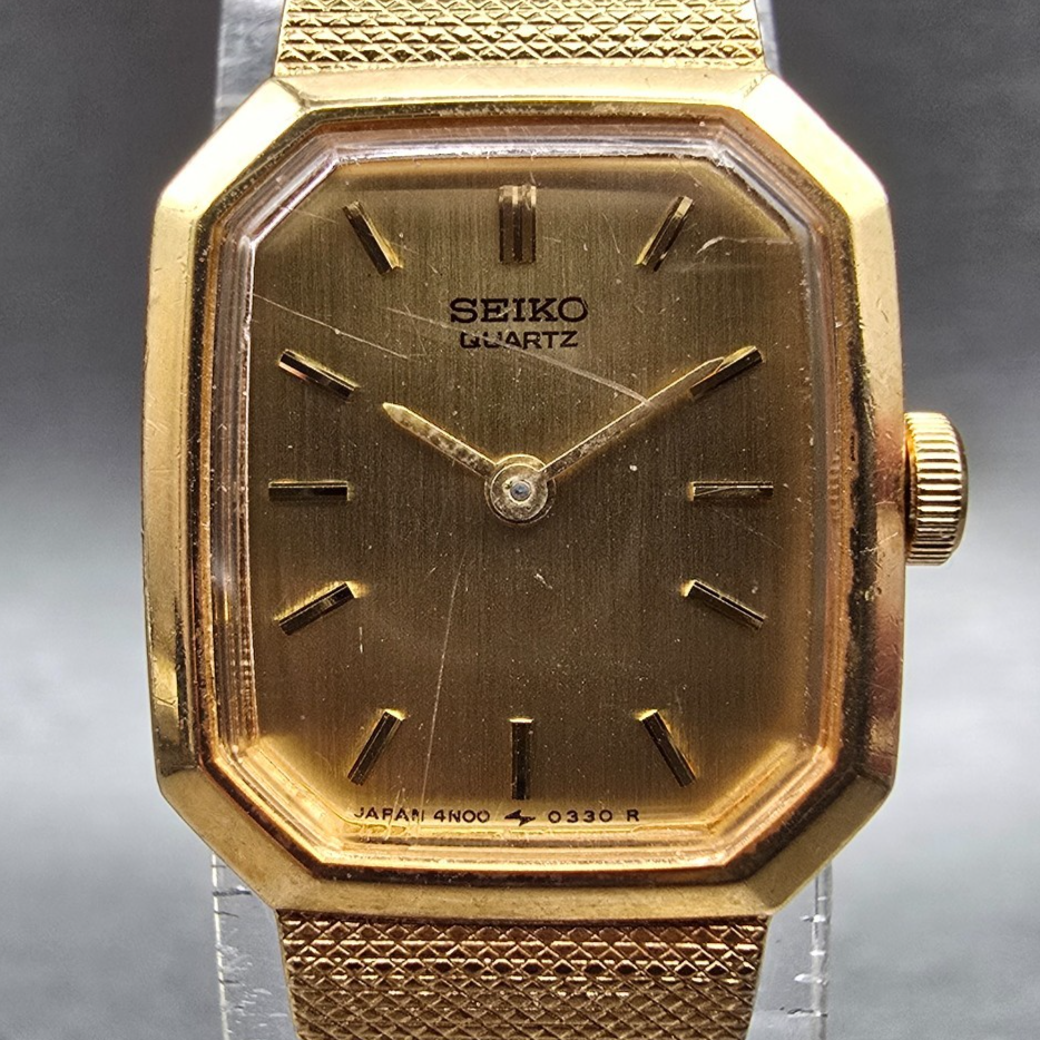 Seiko Watch Women 17mm Gold Dial Gold Tone Rectangle 4N00-5139 New Battery JP r21