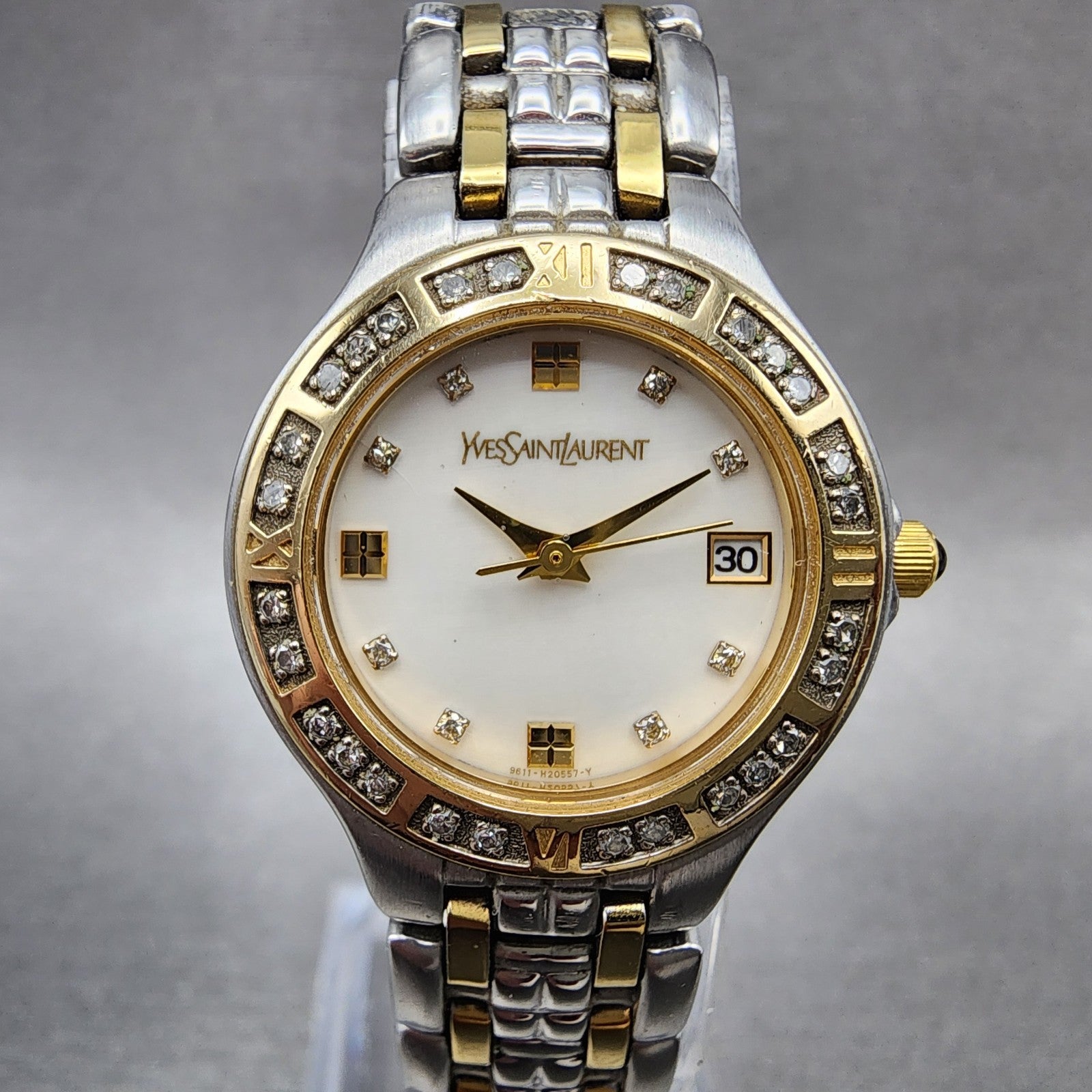 Yves Saint Laurent Watch Women 25mm MOP Dial Two Tone Diamond Bezel New Battery0